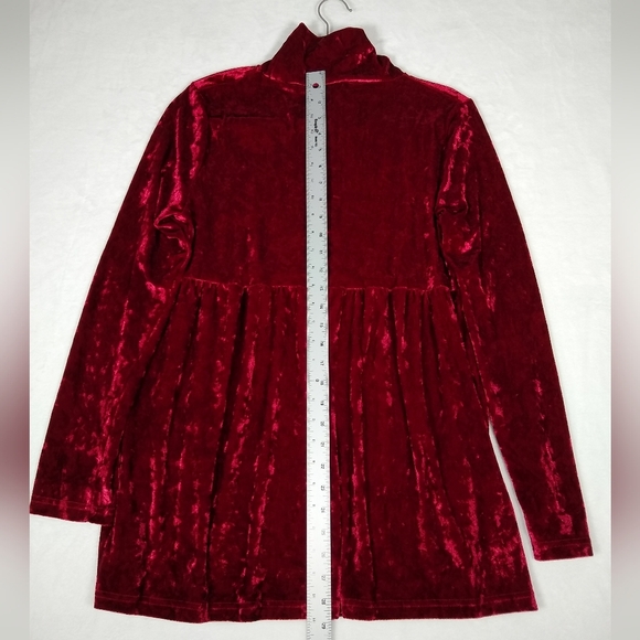 Women's Large Crimson Red Crushed Velvet Empire Waist Long Sleeve Mini Dress - Picture 7 of 8
